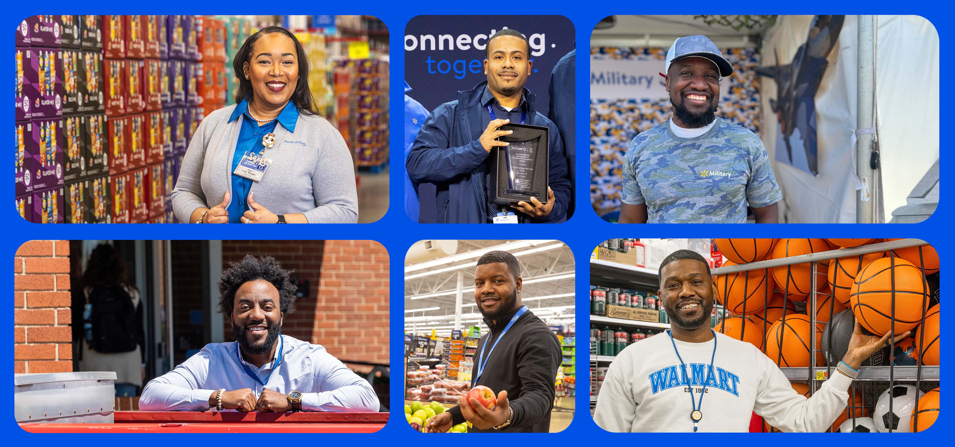 Wayne McFarland Jr. smiling in a Walmart store; Staci Bennett smiling in her Sam’s Club; Kathan Morgan holding his award.